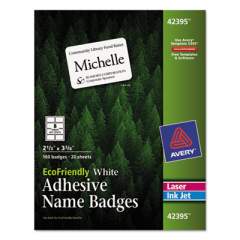 Avery EcoFriendly Adhesive Name Badge Labels, 3.38 x 2.33, White, 160/Box (42395)