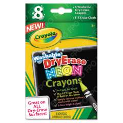 Crayola Washable Dry Erase Crayons w/E-Z Erase Cloth, Assorted Neon Colors, 8/Pack (988605)