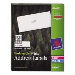 Avery EcoFriendly Mailing Labels, Inkjet/Laser Printers, 1 x 2.63, White, 30/Sheet, 100 Sheets/Pack (48460)