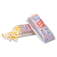Pinch-Bottom Paper Popcorn Bag, Delicious Popcorn: Circus Clown Icon Labeling, 4" x 1.5" x 8", Red/White/Blue, 1,000/Carton (300471)