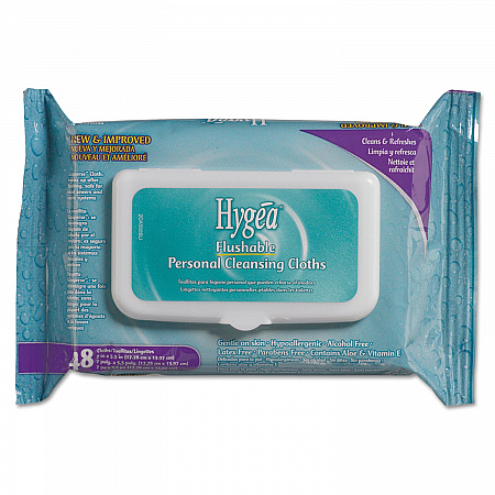 Hygea Flushable Personal Cleansing Cloths, 6.25 x 5.38, Flowering Herbs, White, 48/Pack, 12 Packs/Carton (A500F48)