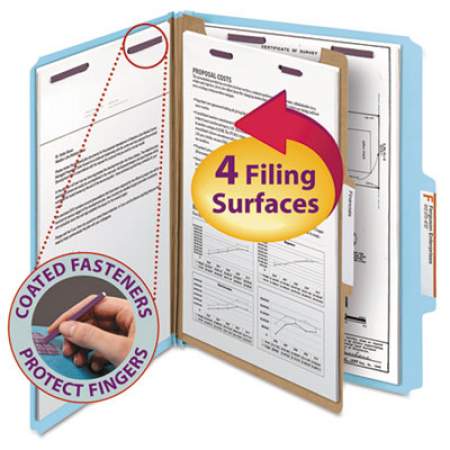 Smead Four-Section Pressboard Top Tab Classification Folders with SafeSHIELD Fasteners, 1 Divider, Letter Size, Blue, 10/Box (13730)