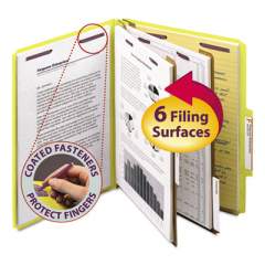 Smead Six-Section Pressboard Top Tab Classification Folders with SafeSHIELD Fasteners, 2 Dividers, Letter Size, Yellow, 10/Box (14034)