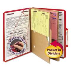 Smead 6-Section Pressboard Top Tab Pocket-Style Classification Folders with SafeSHIELD Fasteners, 2 Dividers, Letter, Red, 10/Box (14082)