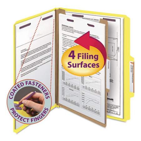 Smead Four-Section Pressboard Top Tab Classification Folders with SafeSHIELD Fasteners, 1 Divider, Letter Size, Yellow, 10/Box (13734)