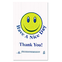 Smiley Face Shopping Bags, Thank You - Have a Nice Day Labeling, Cut-Out Handles, 11.5" x 6.5" x 21", White/Red, 900/Carton (T16SMILEY)