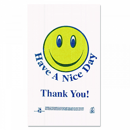 Smiley Face Shopping Bags, Thank You - Have a Nice Day Labeling, Cut-Out Handles, 11.5