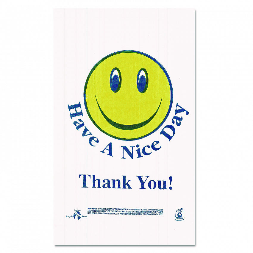 Smiley Face Shopping Bags, Thank You - Have a Nice Day Labeling, Cut-Out Handles, 11.5" x 6.5" x 21", White/Red, 900/Carton (T16SMILEY)