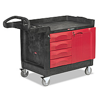 TradeMaster Cart with One Door, Plastic, 3 Shelves, 4 Drawers, 750 lb Capacity, 26.25" x 49" x 38", Black (453388BLA)