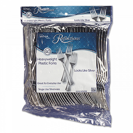 Reflections Heavyweight Plastic Utensils, Fork, Silver, 40/Pack (REF320FKPK)