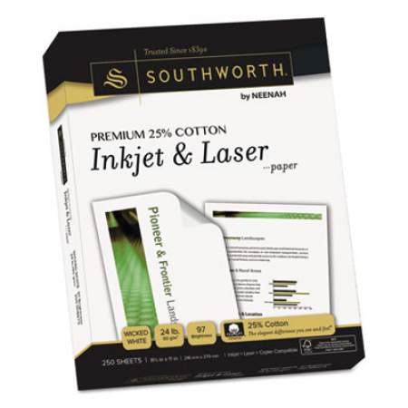 Southworth Premium 25% Cotton Paper, 97 Bright, 24 lb, 8.5 x 11, Wicked White, 250/Pack (J344C)