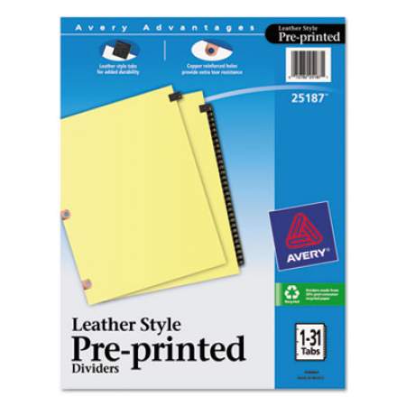 Avery Preprinted Black Leather Tab Dividers w/Copper Reinforced Holes, 31-Tab, Letter (25187)