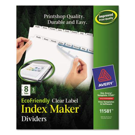 Avery Index Maker EcoFriendly Print and Apply Clear Label Dividers with White Tabs, 8-Tab, 11 x 8.5, White, 5 Sets (11581)
