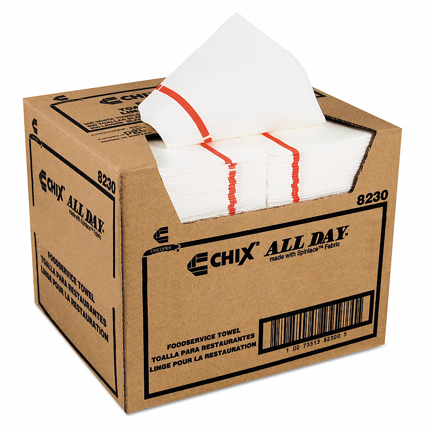 Chicopee All Day Foodservice Towels, 1-Ply, 12.25 x 21, White/Red Stripe, 200/Carton (8230)