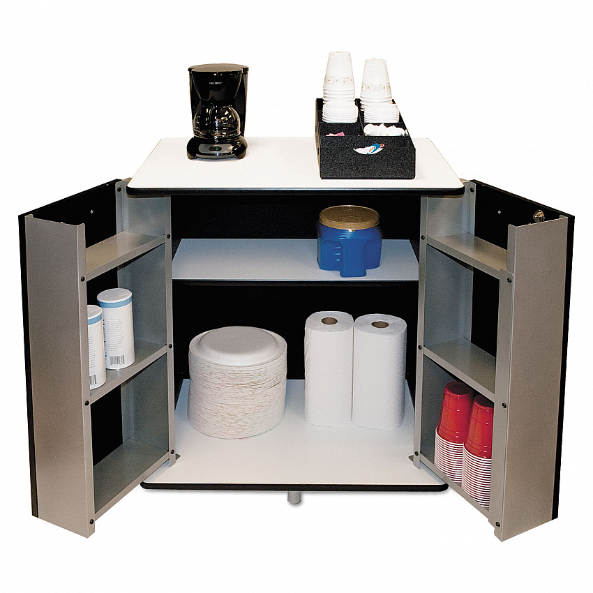 Refreshment Stand, Engineered Wood, 9 Shelves, 29.5" x 21" x 33", White/Black (35157)