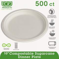 Eco-Products Renewable and Compostable Sugarcane Plates, 10" dia, Natural White, 500/Carton (EPP005)
