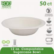 Eco-Products Renewable and Compostable Sugarcane Bowls, 12 oz, Natural White, 50/Packs (EPBL12PK)