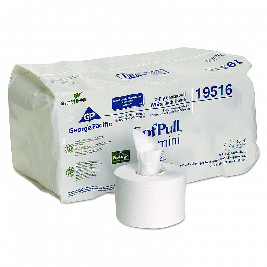 SofPull Mini Centerpull Bath Tissue, Septic Safe, 2-Ply, White, 500 Sheets/Roll, 16 Rolls/Carton (19516)