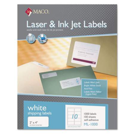 MACO Cover-All Opaque Laser/Inkjet Shipping Labels, Inkjet/Laser Printers, 2 x 4, White, 10 Labels/Sheet, 100 Sheets/Box (ML1000)