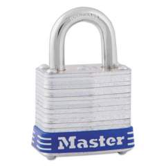 Master Lock Four-Pin Tumbler Lock, Laminated Steel Body, 1 1/8" Wide, Silver/Blue, Two Keys (7D)