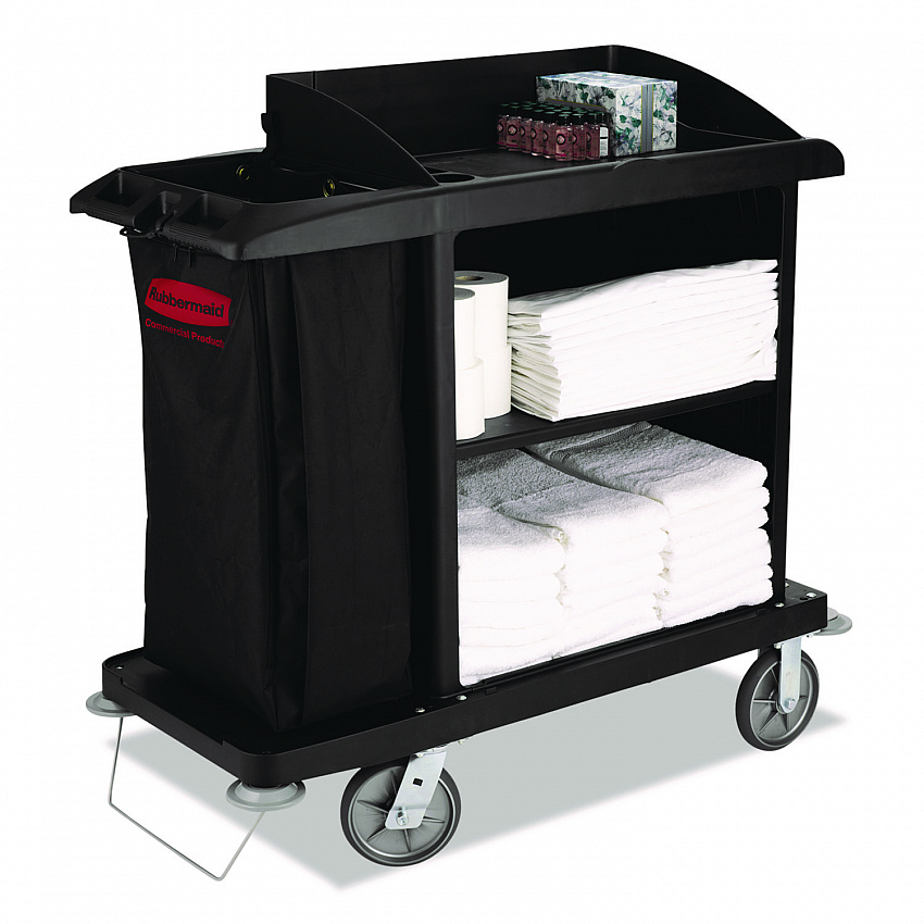 Multi-Shelf Cleaning Cart, Plastic, 4 Shelves, 1 Bin, 22" x 49" x 50", Black (6190BLA)