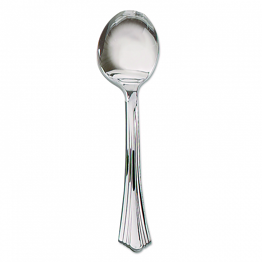 Heavyweight Plastic Soup Spoons, Reflections Design, Silver, 600/Carton (640155)