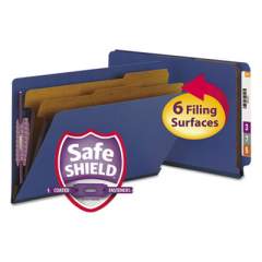 Smead End Tab Colored Pressboard Classification Folders with SafeSHIELD Coated Fasteners, 2 Dividers, Legal Size, Dark Blue, 10/Box (29784)