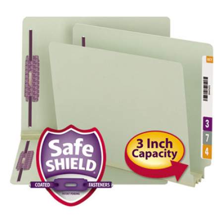 Smead End Tab 3" Expansion Pressboard File Folders w/Two SafeSHIELD Coated Fasteners, Straight Tab, Letter Size, Gray-Green, 25/Box (34725)