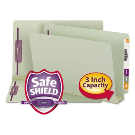 Smead End Tab 3" Expansion Pressboard File Folders with Two SafeSHIELD Coated Fasteners, Straight Tab, Legal, Gray-Green, 25/Box (37725)