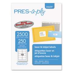 PRES-a-ply Labels, Laser Printers, 2 x 4, White, 10/Sheet, 250 Sheets/Box (30609)