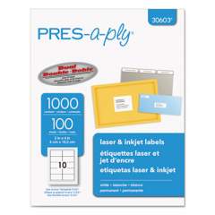 PRES-a-ply Labels, Laser Printers, 2 x 4, White, 10/Sheet, 100 Sheets/Box (30603)
