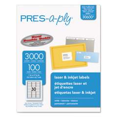 PRES-a-ply Labels, Laser Printers, 1 x 2.63, White, 30/Sheet, 100 Sheets/Box (30600)