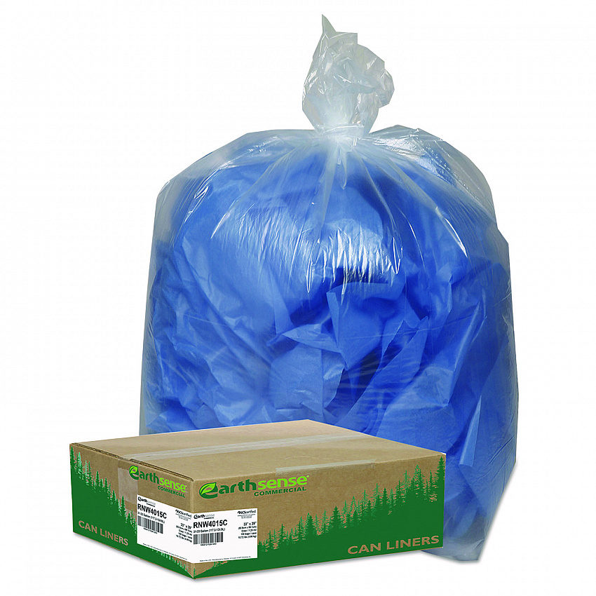Linear Low Density Clear Recycled Can Liners, 33 gal, 1.25 mil, 33" x 39", Clear, 10 Bags/Roll, 10 Rolls/Carton (RNW4015C)