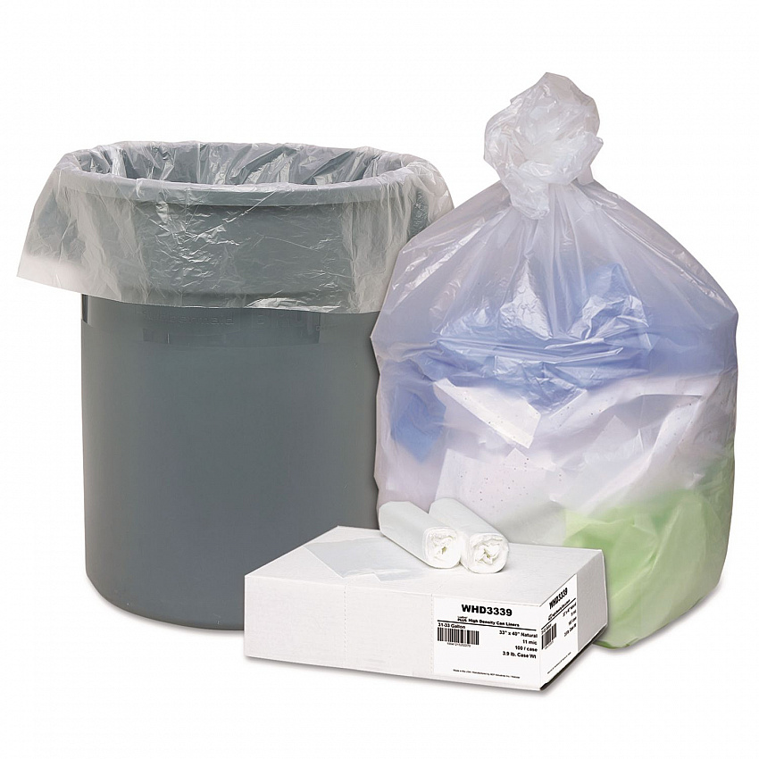 Can Liners, 33 gal, 11 mic, 33" x 40", Natural, 10 Bags/Roll, 10 Rolls/Carton (WHD3339)