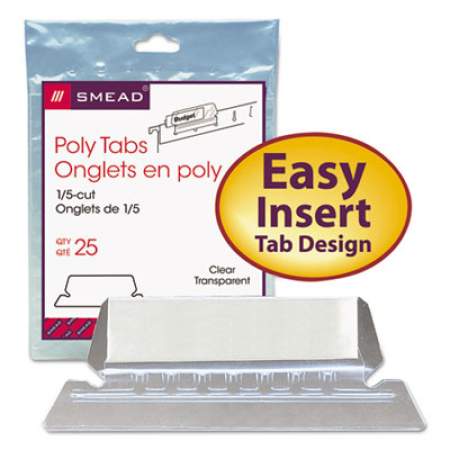 Smead Poly Index Tabs and Inserts For Hanging File Folders, 1/5-Cut Tabs, White/Clear, 2.25" Wide, 25/Pack (64600)
