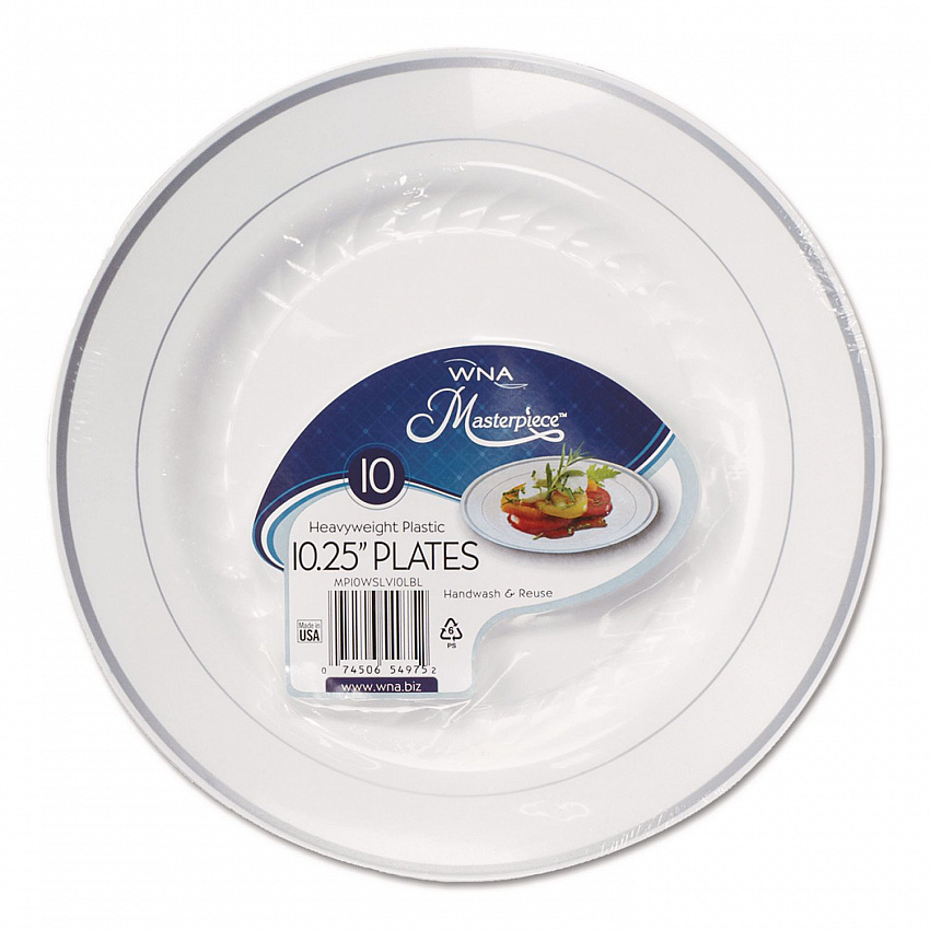 Masterpiece Plastic Plates, 10.25" dia, White/Silver, 10/Pack, 12 Packs/Carton (RSM101210WS)