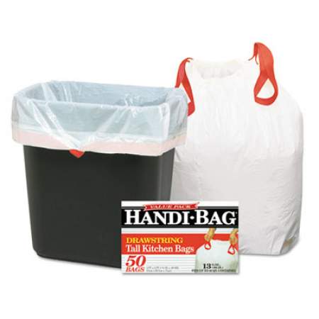 Handi-Bag Drawstring Kitchen Bags, 13 gal, 0.6 mil, 24" x 27.38", White, 50/Box (HAB6DK50)