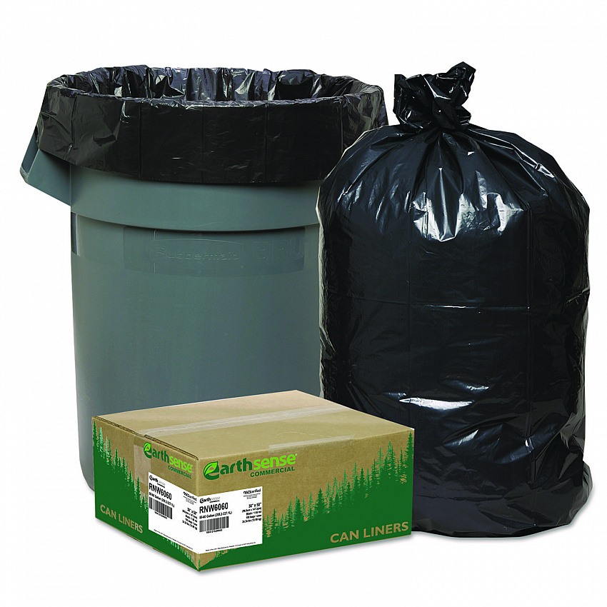 Linear Low Density Recycled Can Liners, 60 Gallon, 1.65 mil, 38" x 58", Black, 10 Bags/Roll, 10 Rolls/Carton (RNW6060)