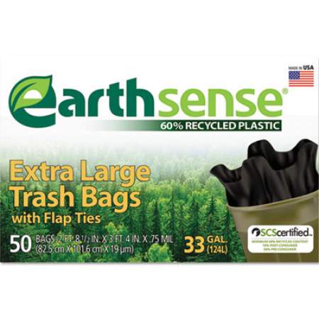 Earthsense Large Trash Bags, 33 gal, 0.75 mil, 32.5" x 40", Black, 50/Box (GES6FTL50)