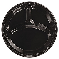 Heavyweight Plastic 3-Compartment Plates, 10.25" dia, Black, 125/Pack, 4 Packs/Carton (81430)