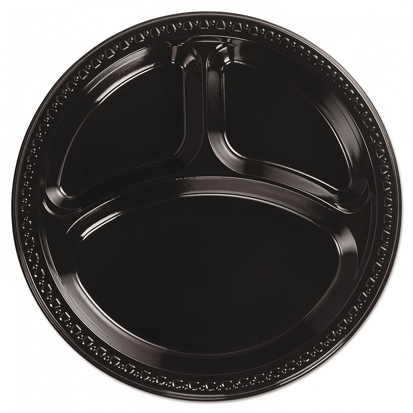 Heavyweight Plastic 3-Compartment Plates, 10.25" dia, Black, 125/Pack, 4 Packs/Carton (81430)
