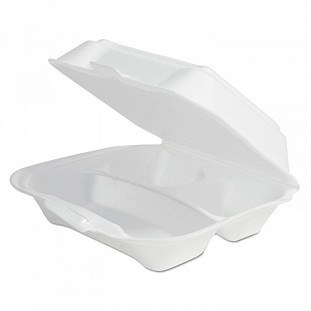 Foam Hinged Lid Container Secure One Tab Latch, 3 Compartments, 7.81 x 8.75 x 3.38, White, 100/Sleeve, 2 Sleeves/Bag (12039)