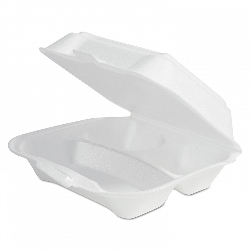 Foam Hinged Lid Container Secure One Tab Latch, 3 Compartments, 7.81 x 8.75 x 3.38, White, 100/Sleeve, 2 Sleeves/Bag (12039)