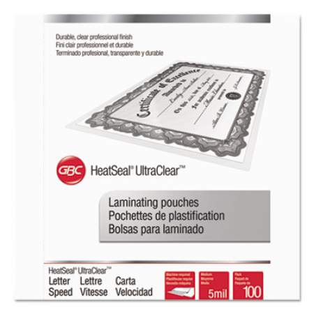 GBC UltraClear Thermal Laminating Pouches, 5 mil, 9" x 11.5", Gloss Clear, 100/Box (3200587)