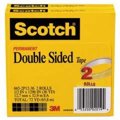 Scotch Double-Sided Tape, 3" Core, 0.5" x 36 yds, Clear, 2/Pack (6652P1236)