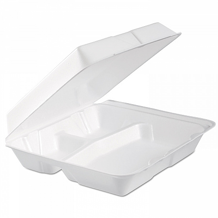Foam Hinged Lid Container, 3 Compartments, 9.3 x 9.5 x 3, White, 100/Bag, 2 Bag/Carton (95HTPF3R)