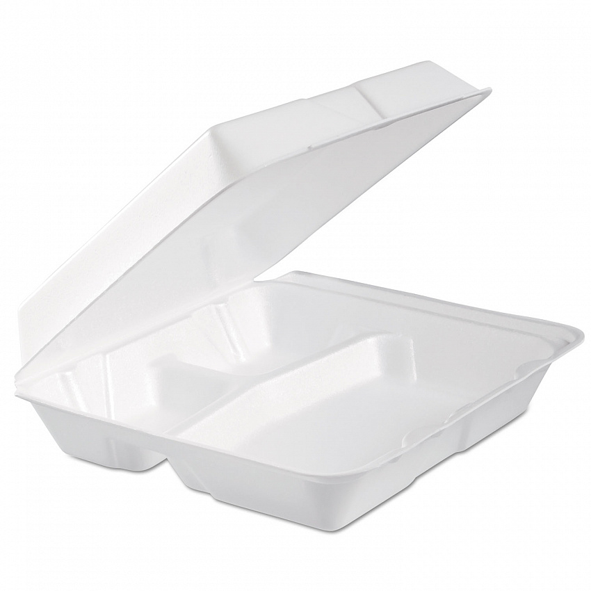 Foam Hinged Lid Container, 3 Compartments, 9.3 x 9.5 x 3, White, 100/Bag, 2 Bag/Carton (95HTPF3R)