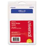 Universal "Hello" Self-Adhesive Name Badges, 3 1/2 x 2 1/4, White/Blue, 100/Pack (39105)