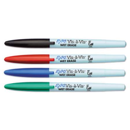 EXPO Vis--Vis Wet Erase Marker, Fine Bullet Tip, Assorted Colors, 4/Set (16074)