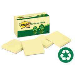 Post-it Greener Notes Recycled Note Pads, 3 x 3, Canary Yellow, 100-Sheet, 12/Pack (654RPYW)
